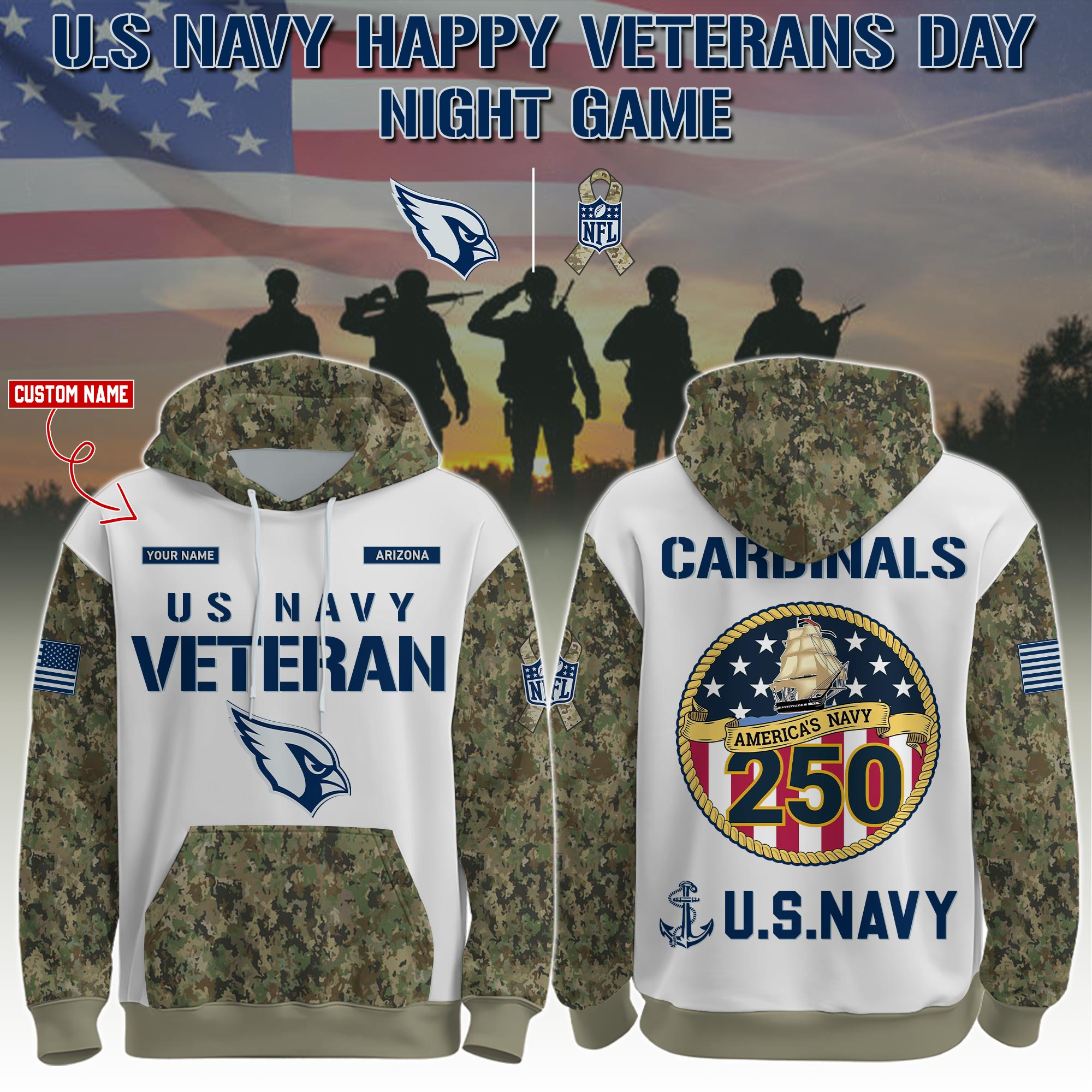 Buildercar - Arizona Cardinals-Navy Veteran 250th Birthday Limited Editions Hoodie NFL
