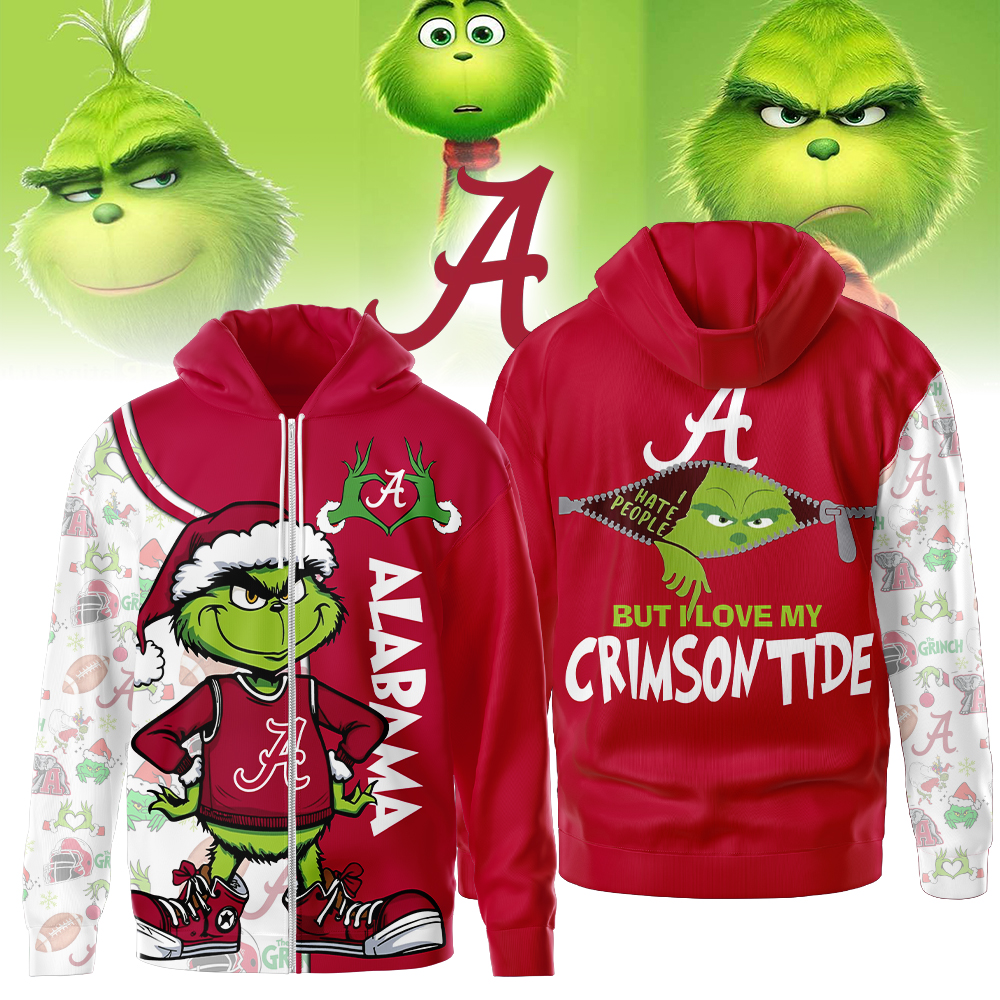 Alabama Crimson Tide | Premium NCAA Funny Grinch Football All Over Print Zip Hoodie