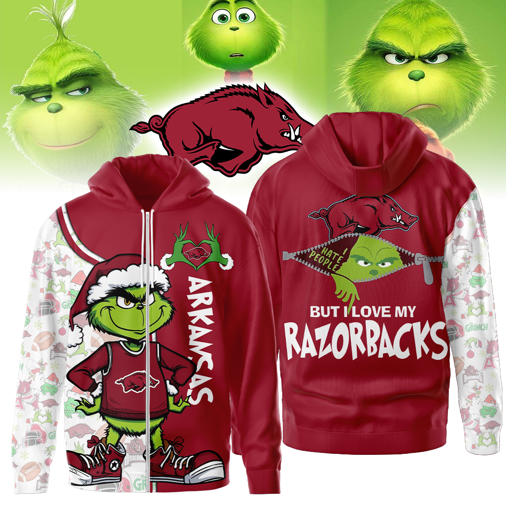 Arkansas Razorbacks | Premium NCAA Funny Grinch Football All Over Print Zip Hoodie