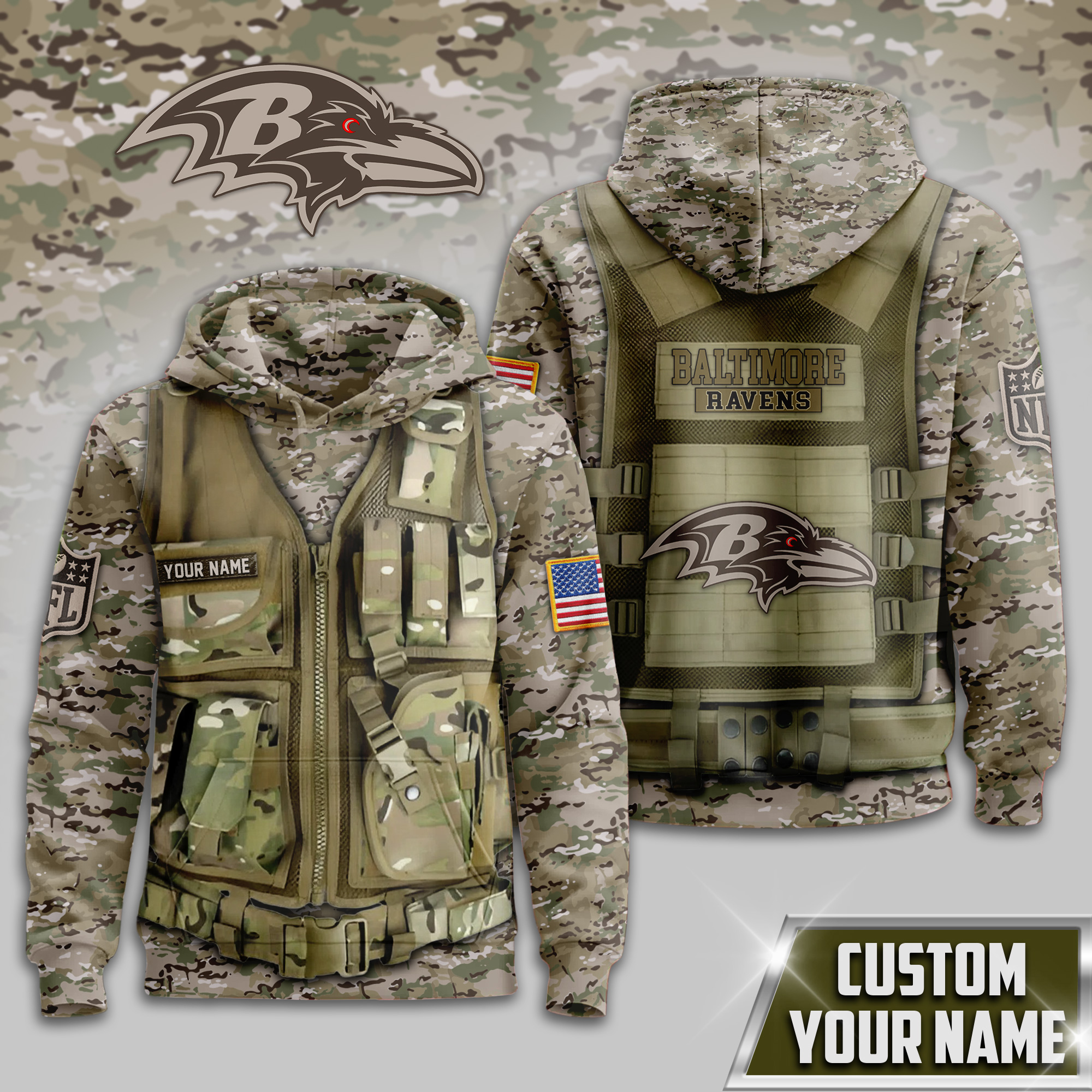 Baltimore Ravens | Premium NFL Camo Military Hoodie