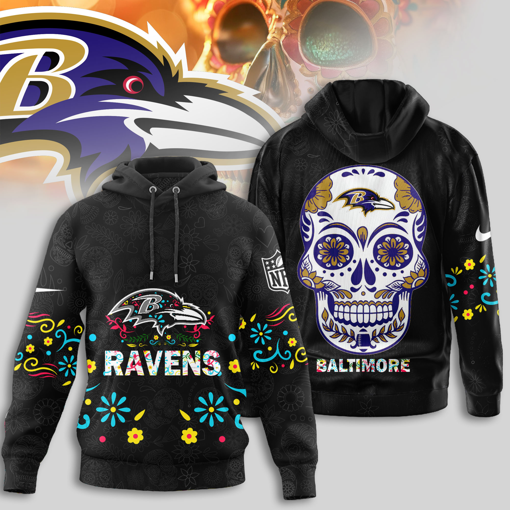 Baltimore Ravens | Premium NFL Dia de los Muertos Limited Editions Hoodie