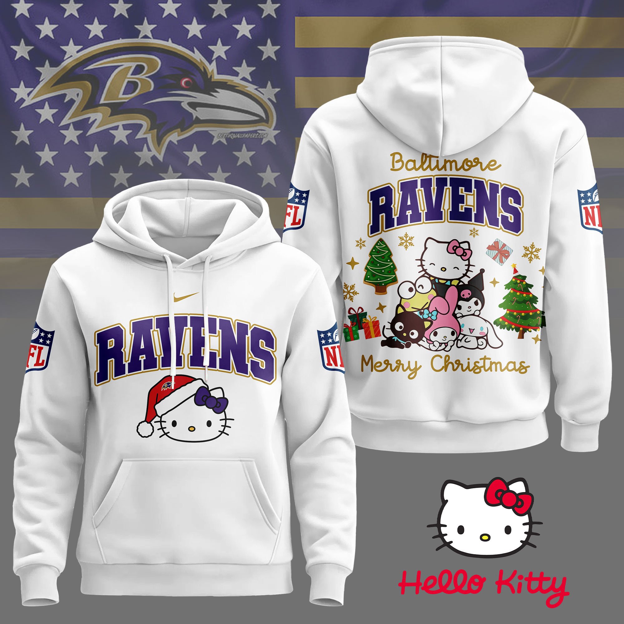 Baltimore Ravens | Premium NFL Hello Kitty Christmas 3D Hoodie