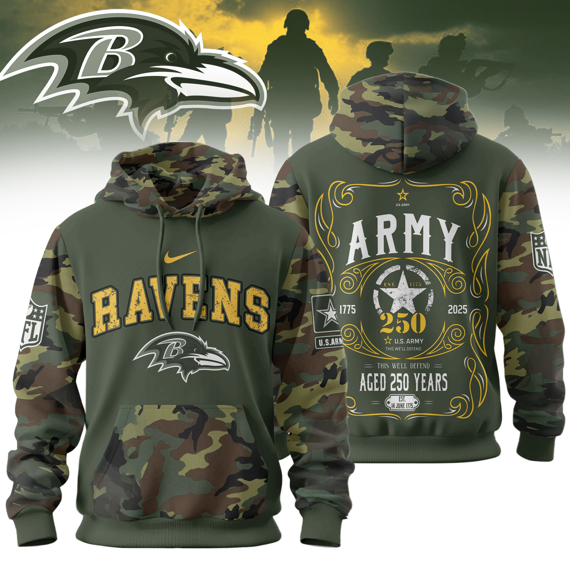 Baltimore Ravens | Premium NFL US Army 250th anniversary 3D Hoodie