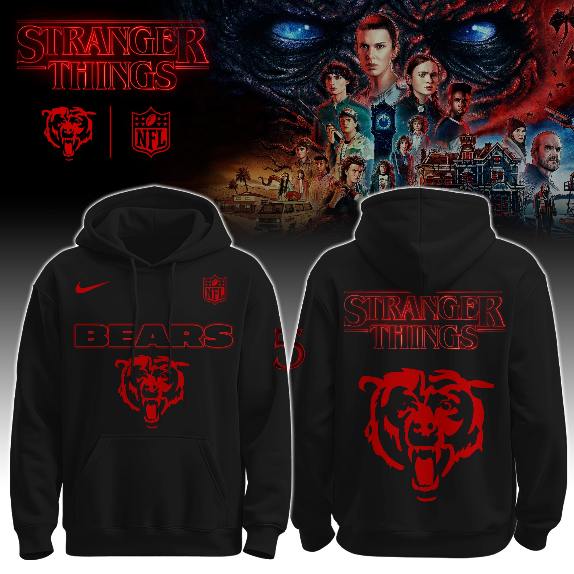 Buildercar - Chicago Bears – NFL x Stranger Things Hoodie