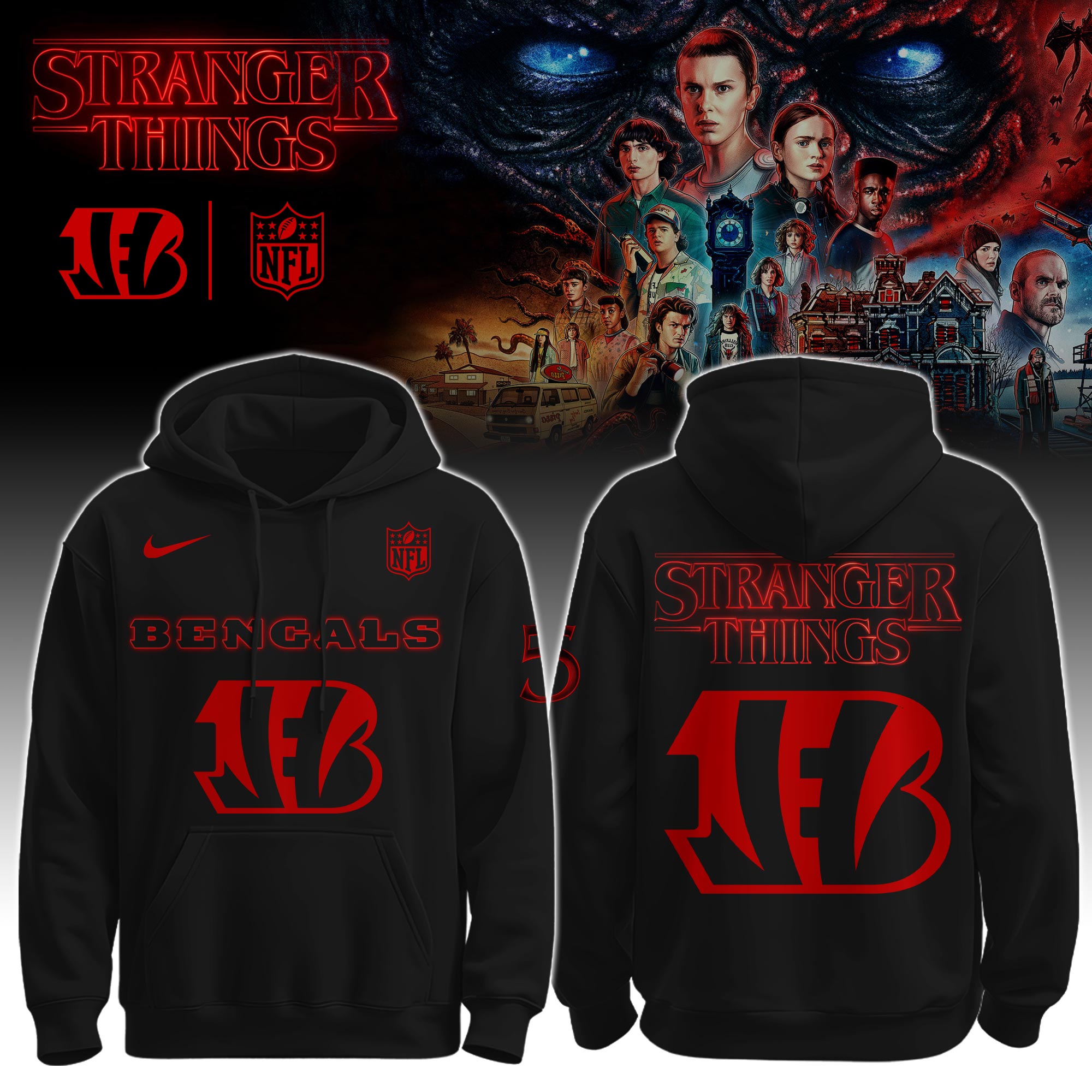 Buildercar - Cincinnati Bengals – NFL x Stranger Things Hoodie