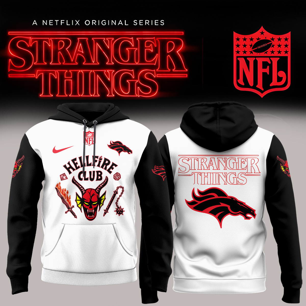 Buildercar - Denver Broncos NFL x Stranger Things Hellfire Club Hoodie