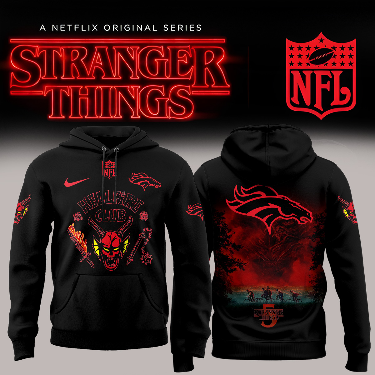 Buildercar - Denver Broncos NFL x Stranger Things Hoodie - hm1284