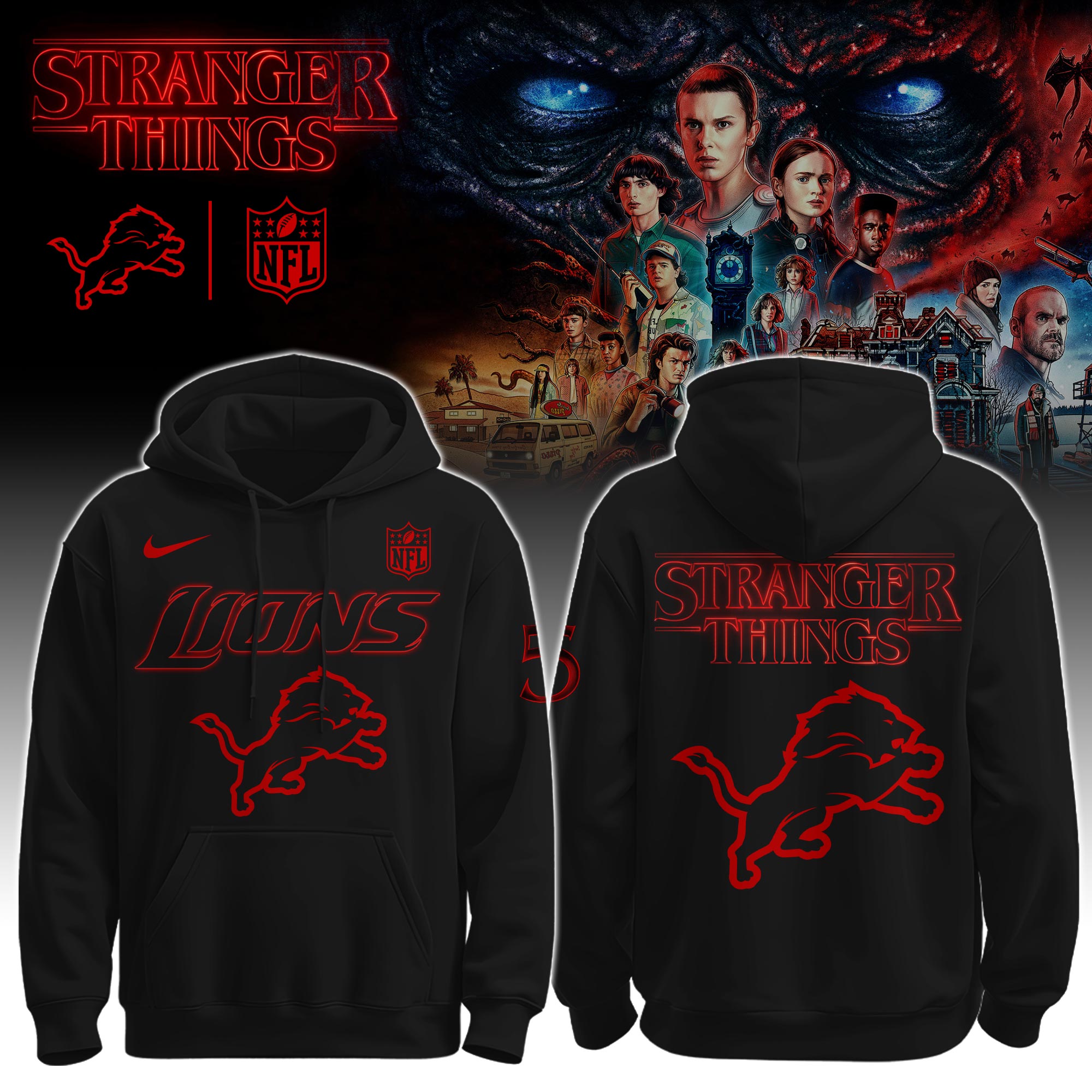 Buildercar - Detroit Lions – NFL x Stranger Things Hoodie