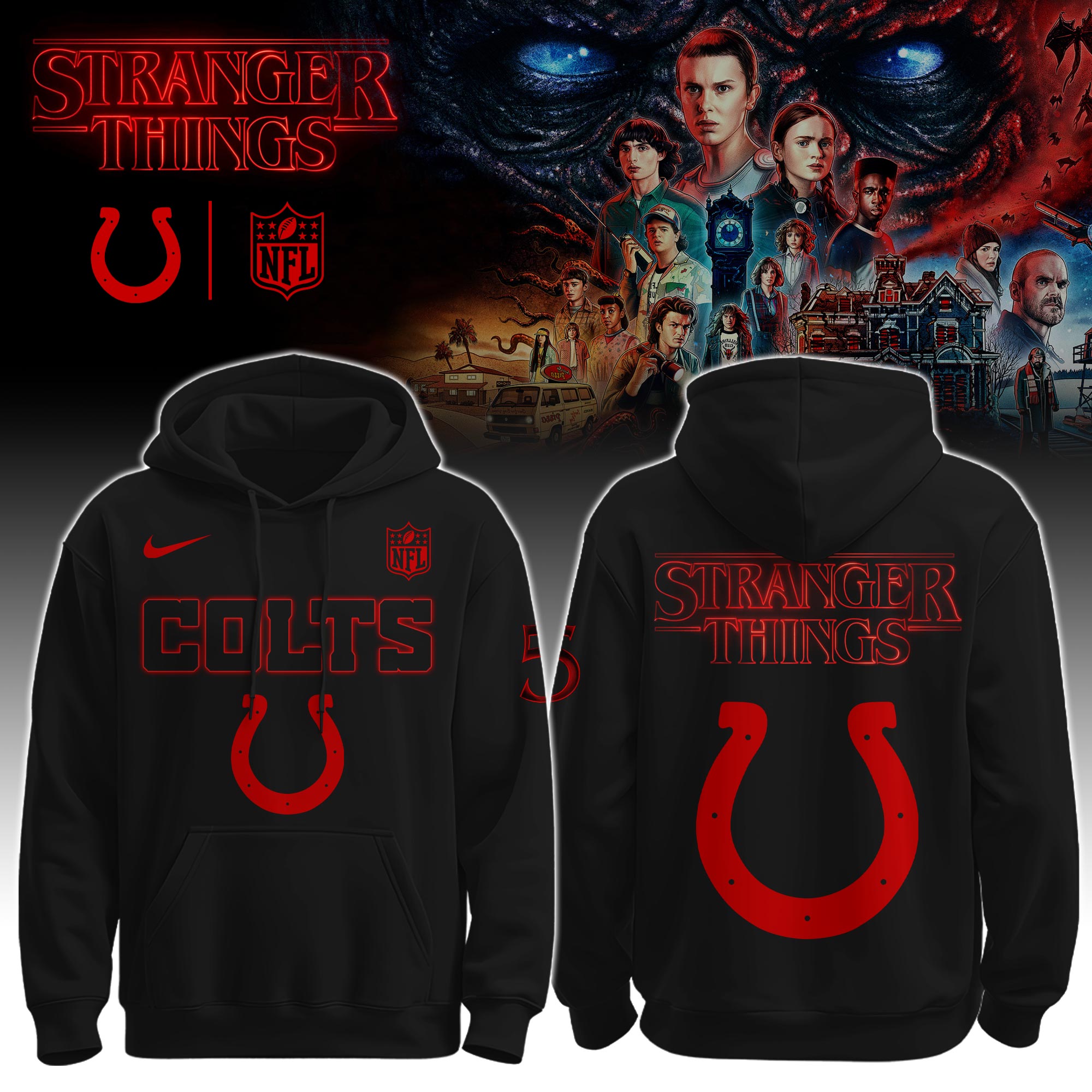 Buildercar - Indianapolis Colts – NFL x Stranger Things Hoodie