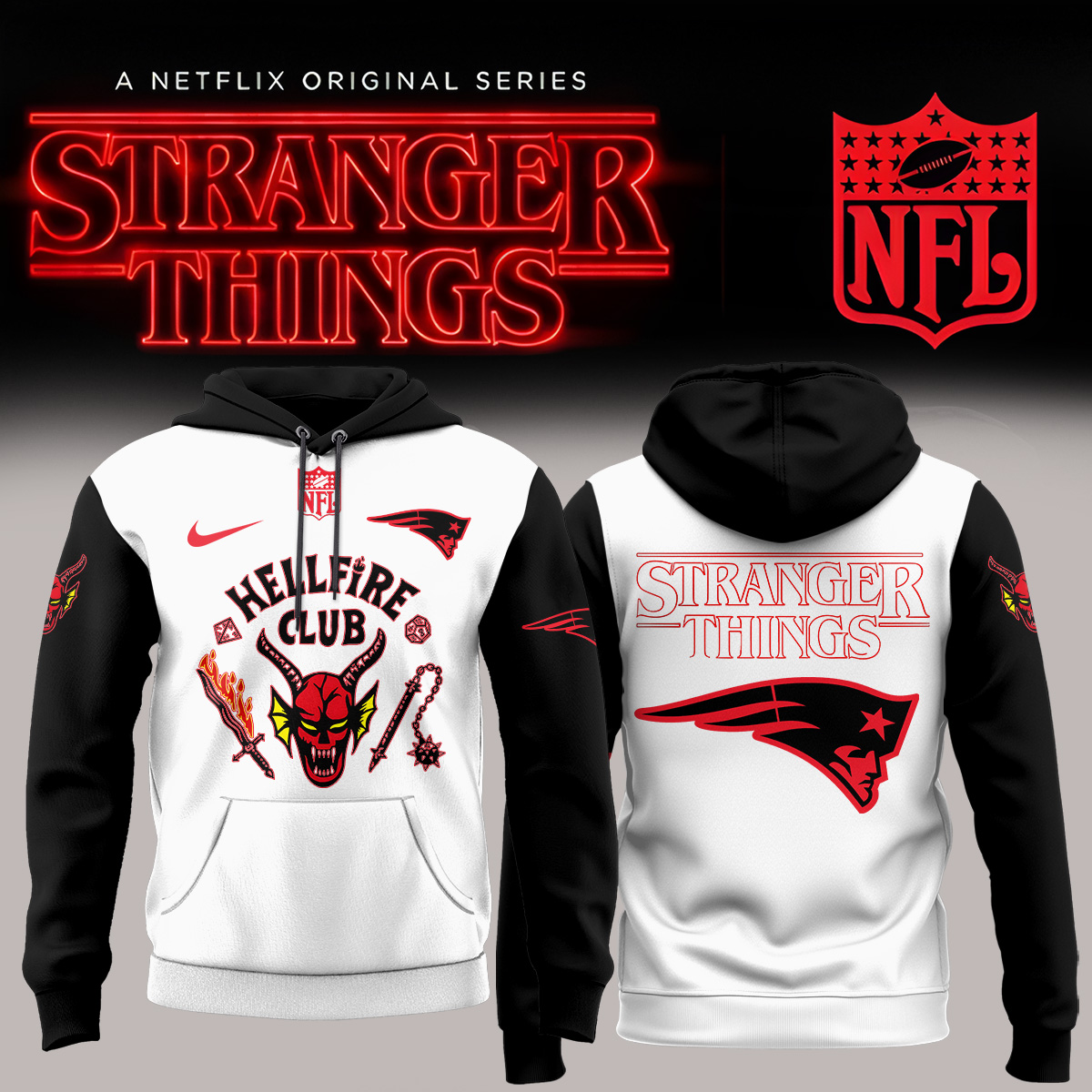 Buildercar - New England Patriots NFL x Stranger Things Hellfire Club Hoodie