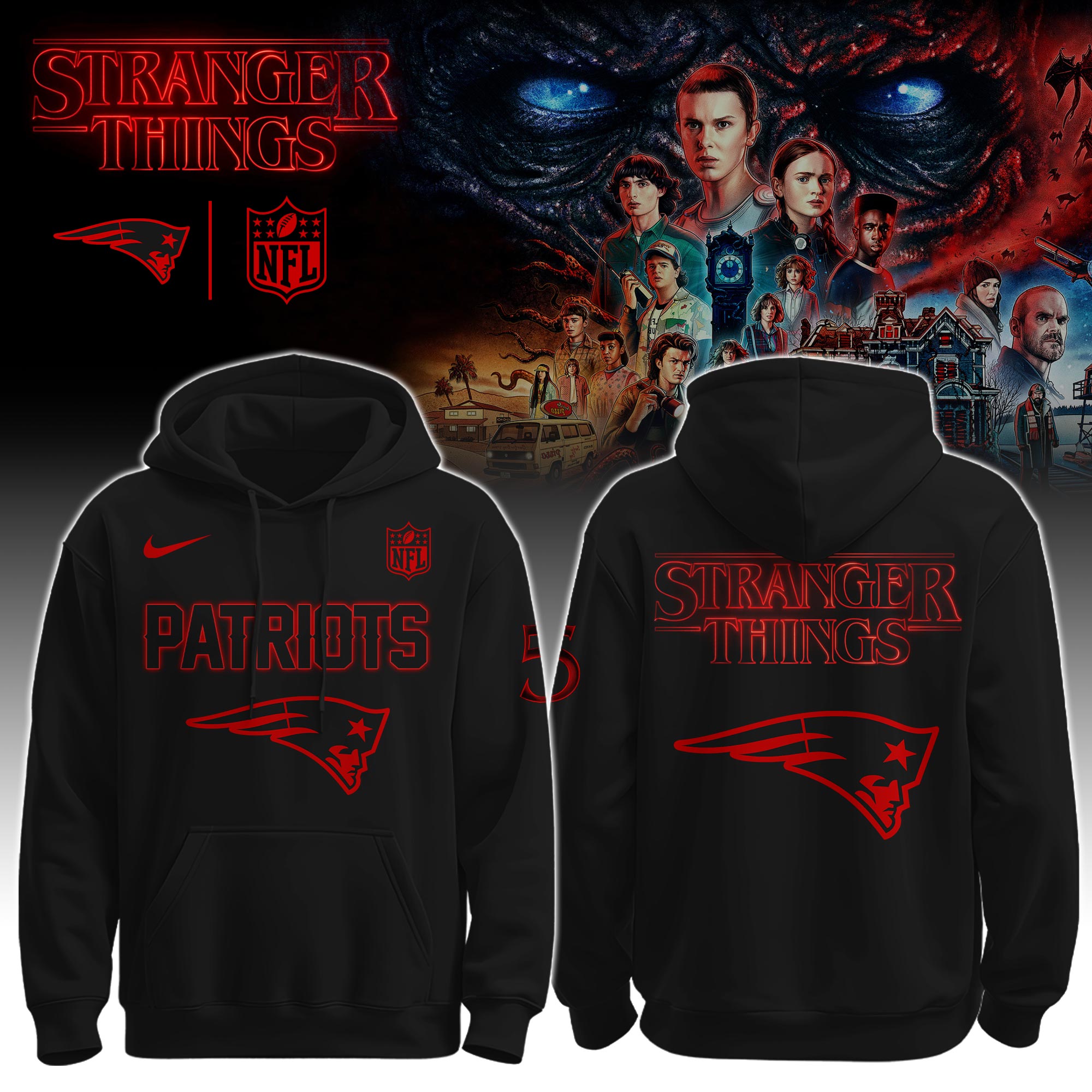 Buildercar - New England Patriots – NFL x Stranger Things Hoodie