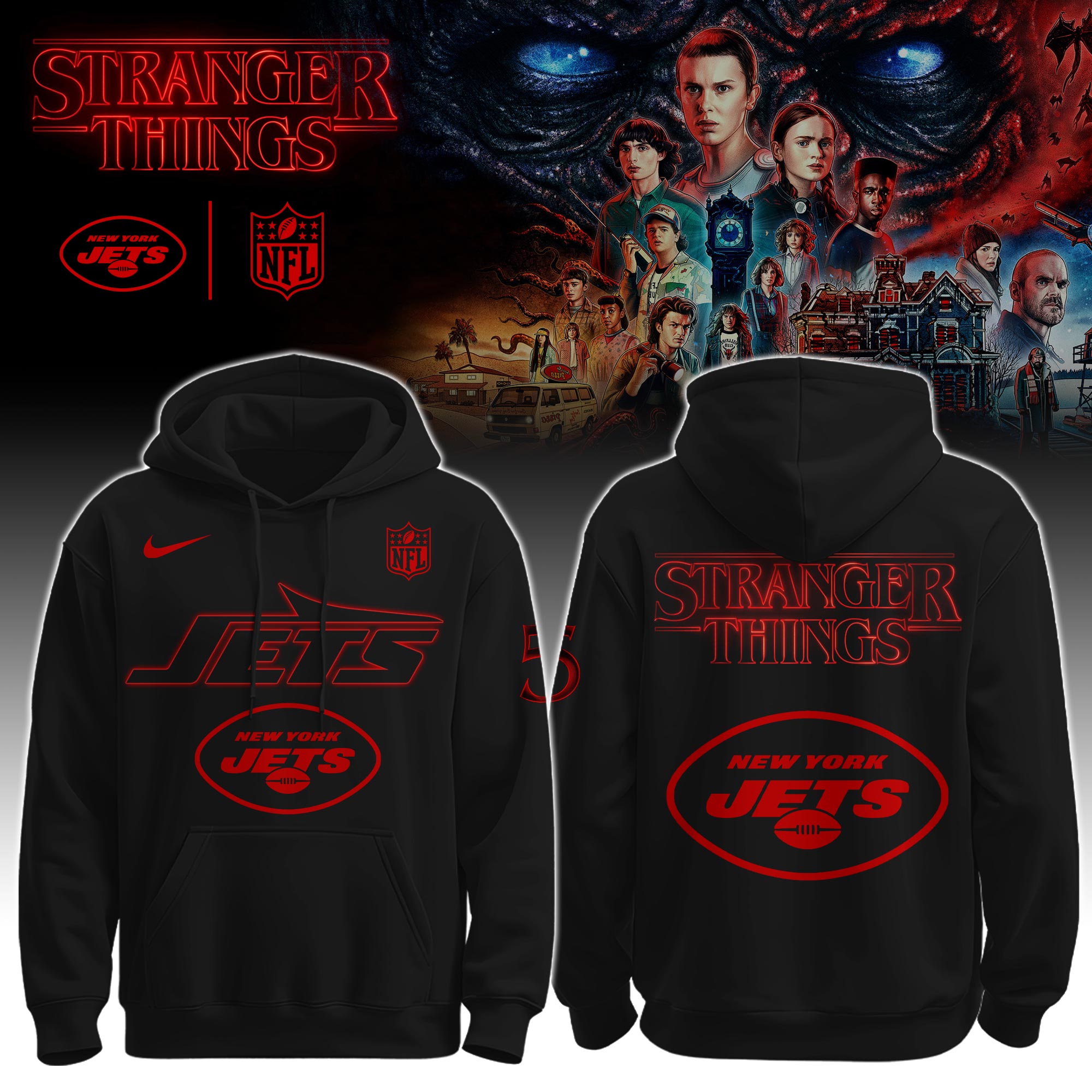 Buildercar - New York Jets – NFL x Stranger Things Hoodie