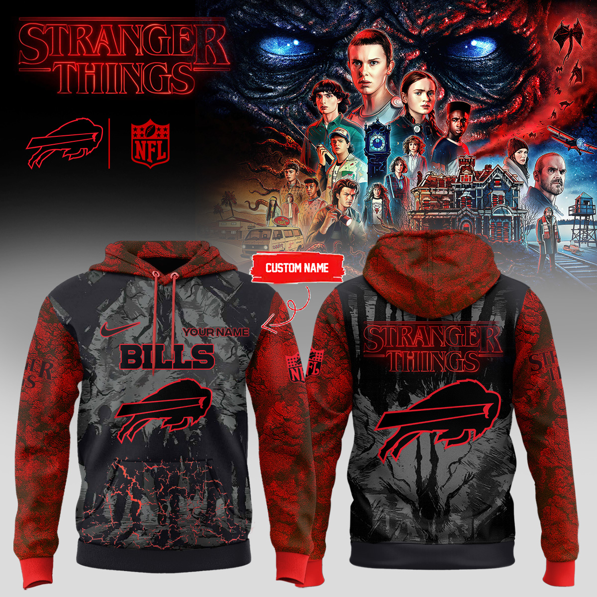 Buildercar - NFL Buffalo Bills x Stranger Things Hoodie (Custom Name)