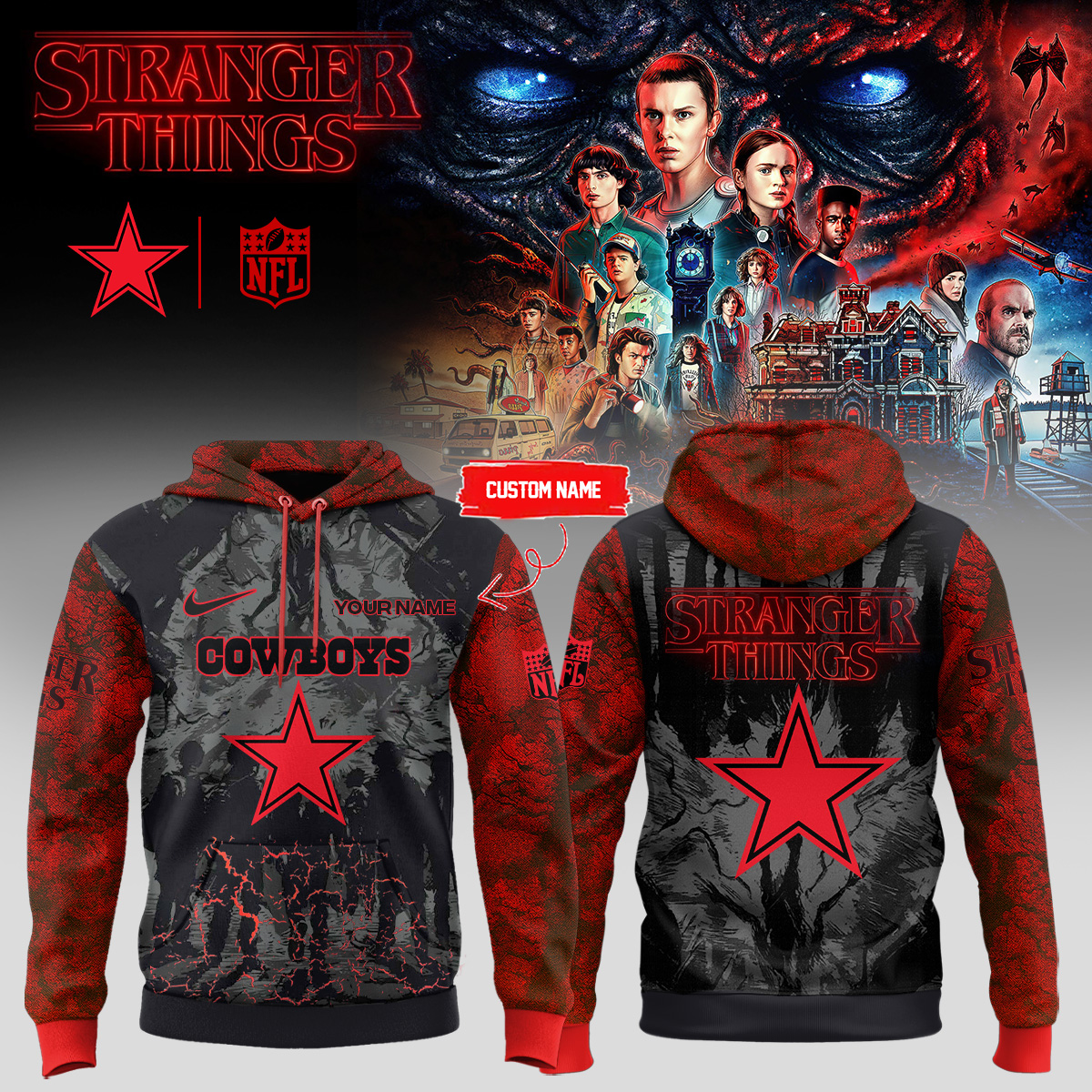 Buildercar - NFL Dallas Cowboys x Stranger Things Hoodie (Custom Name)