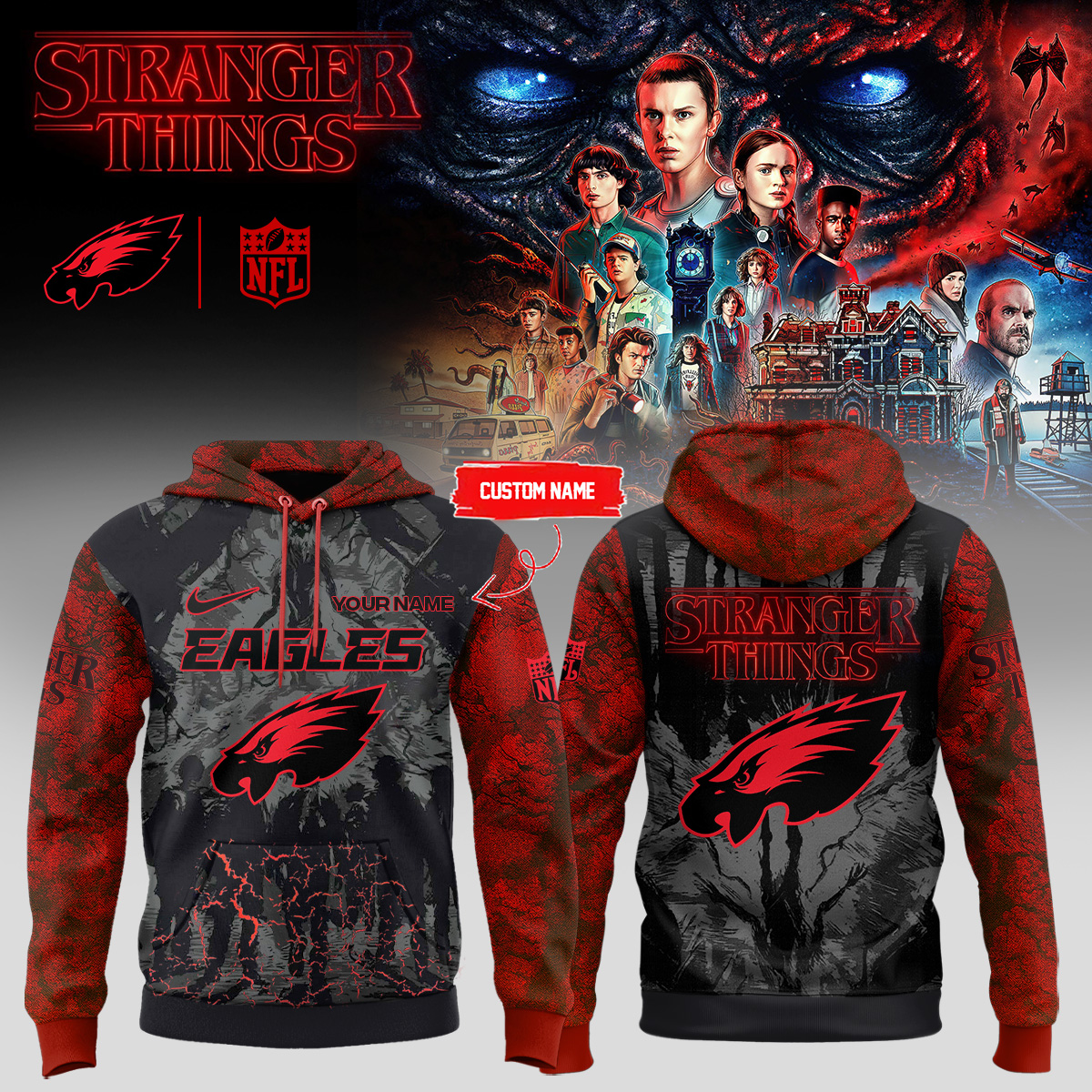 Buildercar - NFL Philadelphia Eagles x Stranger Things Hoodie (Custom Name)