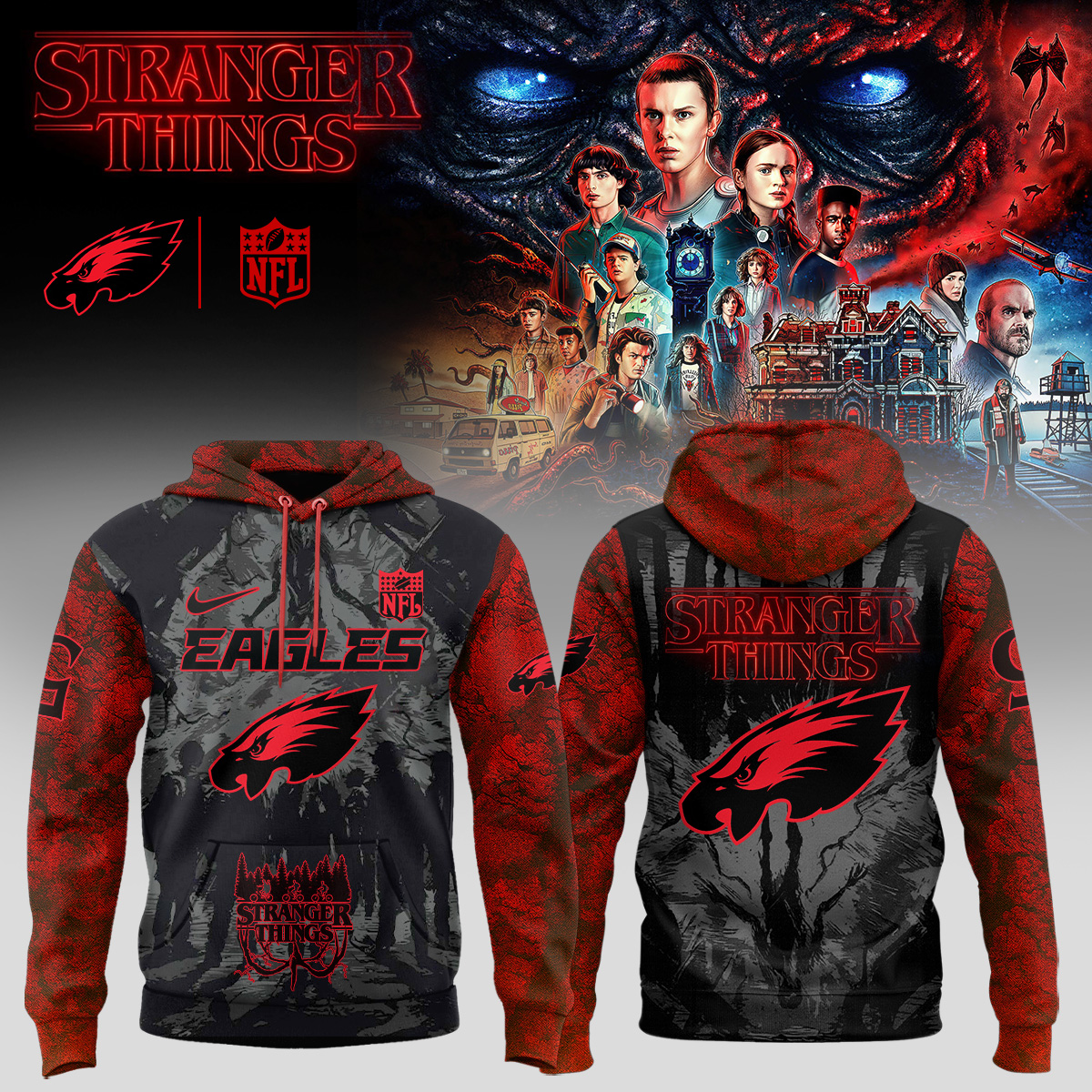 Buildercar - Philadelphia Eagles NFL x Stranger Things Hoodie - hm1267