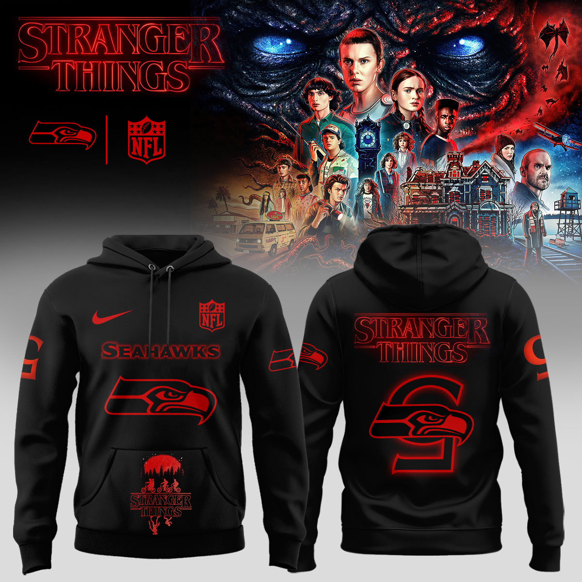 Buildercar - Seattle Seahawks NFL x Stranger Things Hoodie - hm1268