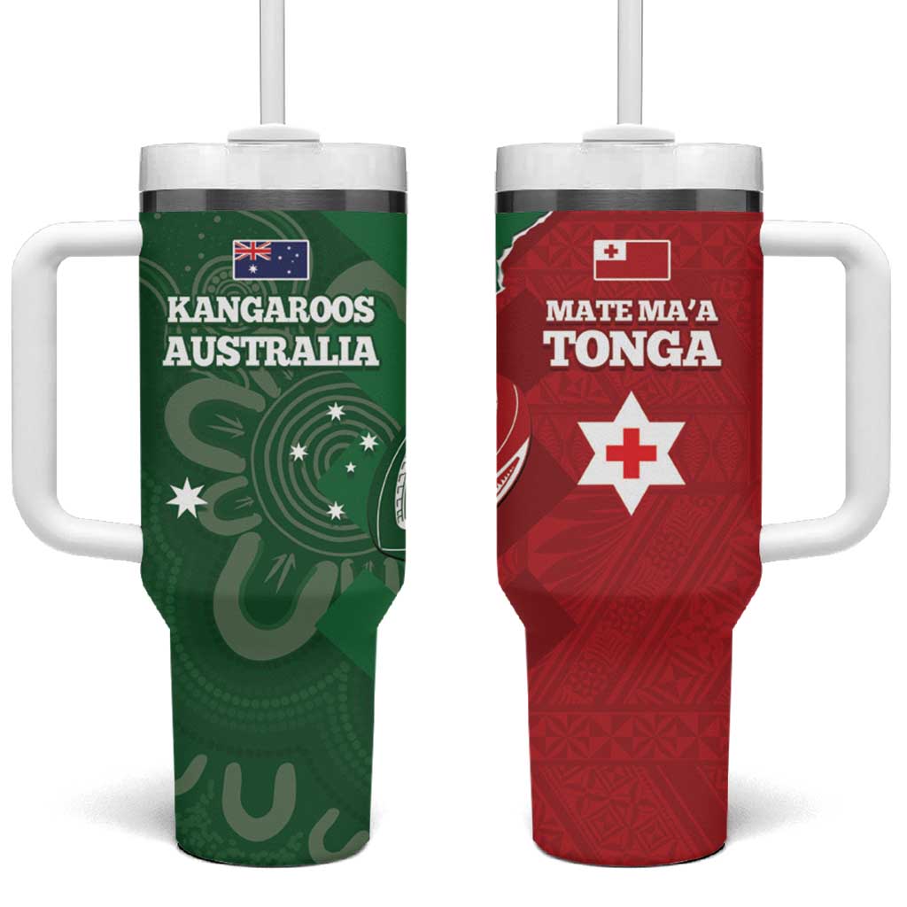 Buildercar - Tonga And Australia Rugby Mate Maa Tongan Ngatu Mix Kangaroos Aboriginal Custom Stanley Quencher 40oz Stainless Steel Tumbler With Handle