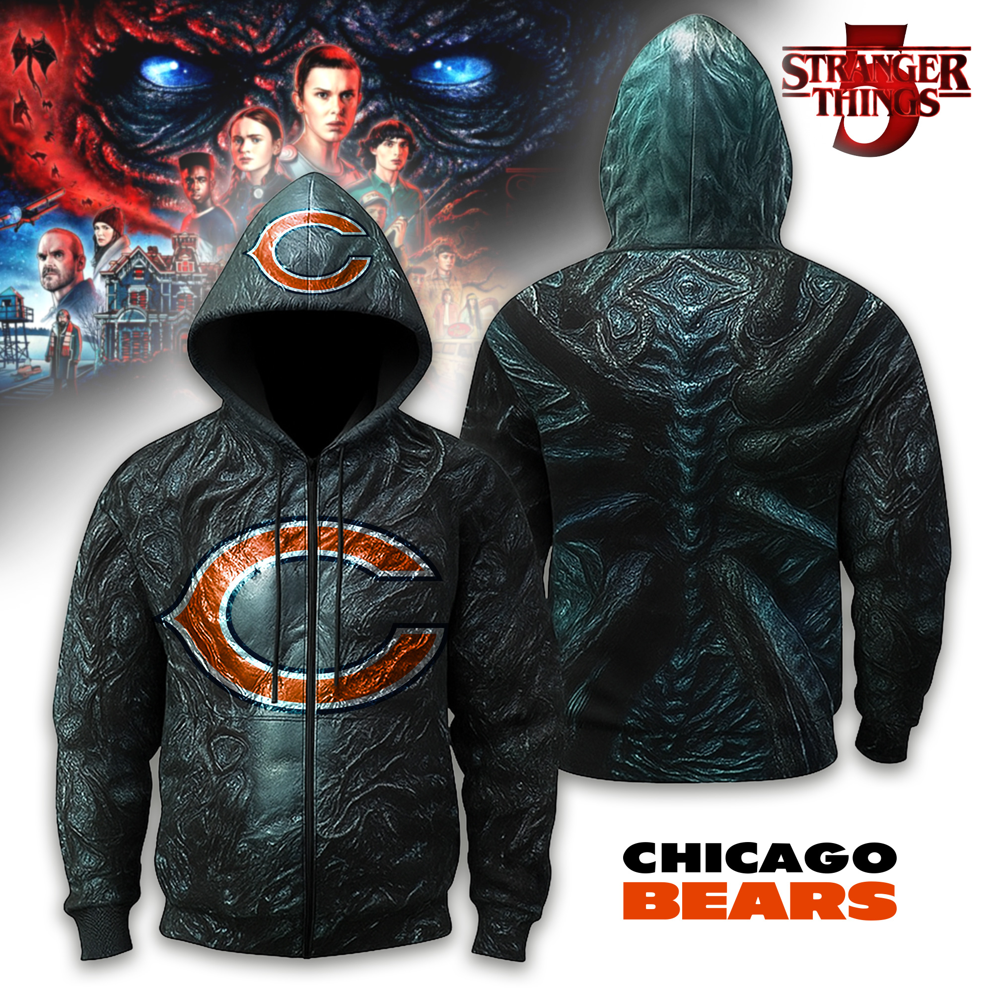 Chicago Bears | Premium NFL Stranger Things Zip Hoodie