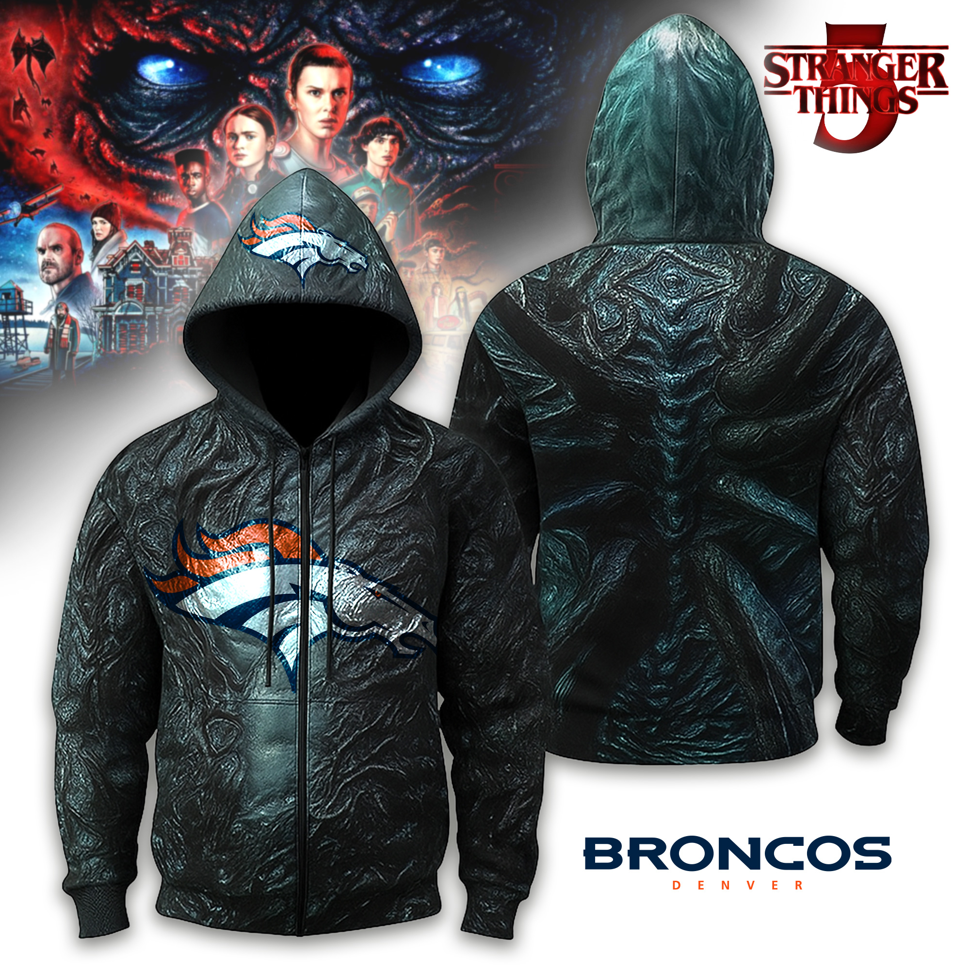 Denver Broncos | Premium NFL Stranger Things Zip Hoodie