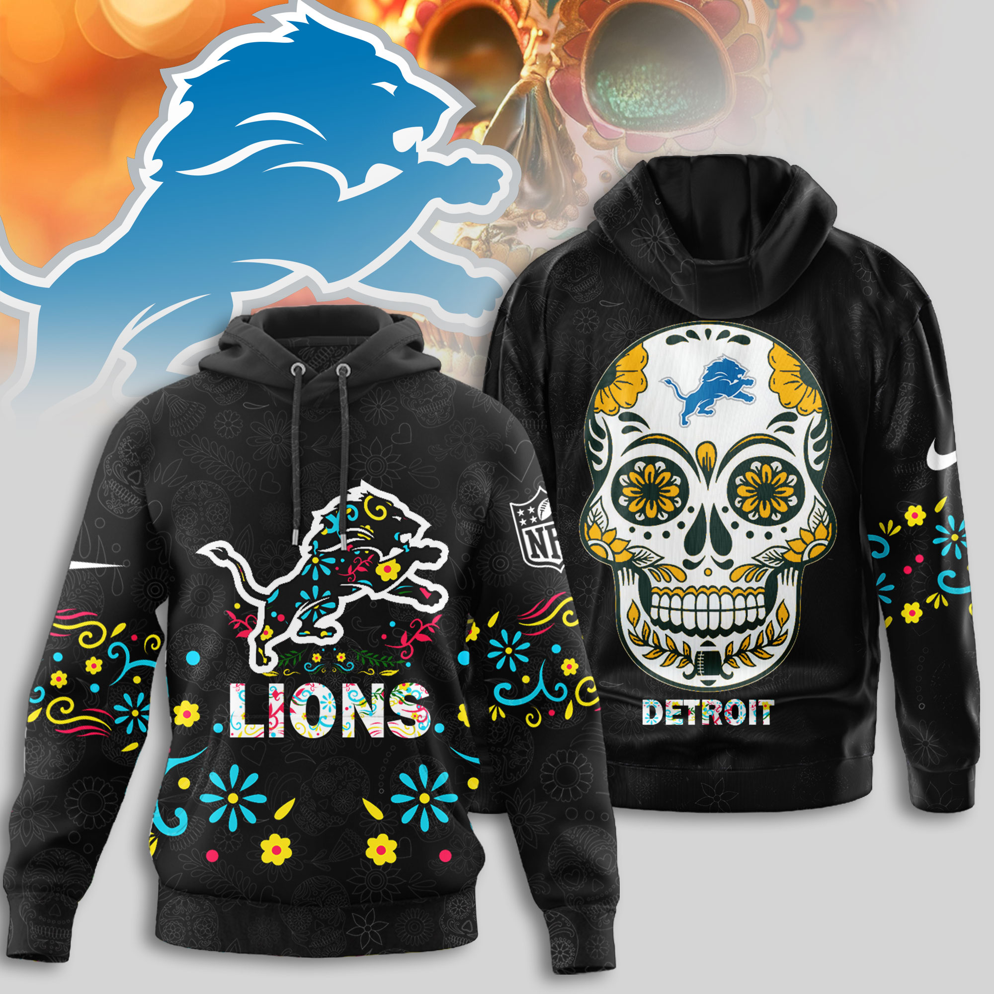 Detroit Lions | Premium NFL Dia de los Muertos Limited Editions Hoodie