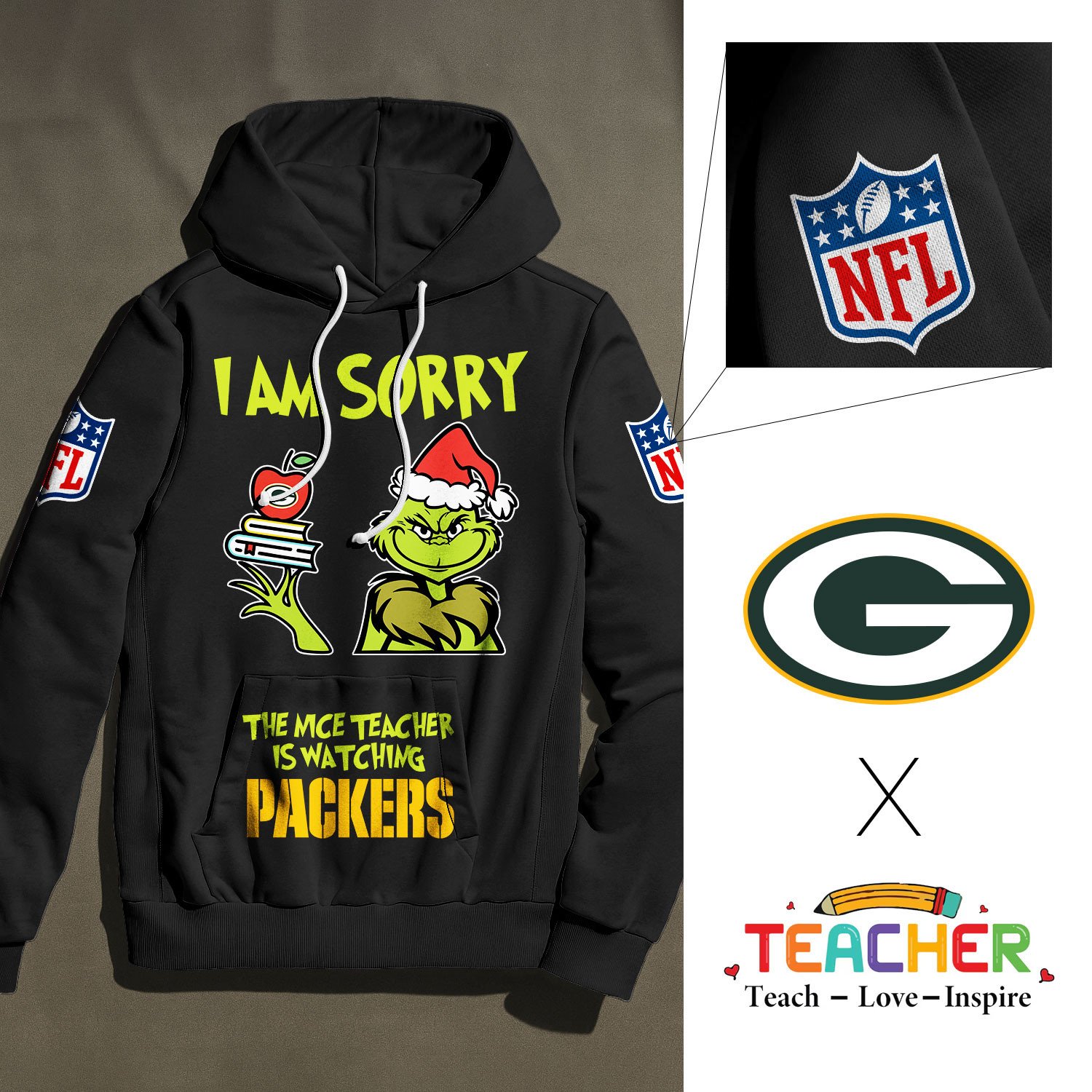 Green Bay Packers | Premium NFL Grinch Teacher Appreciation Hoodie