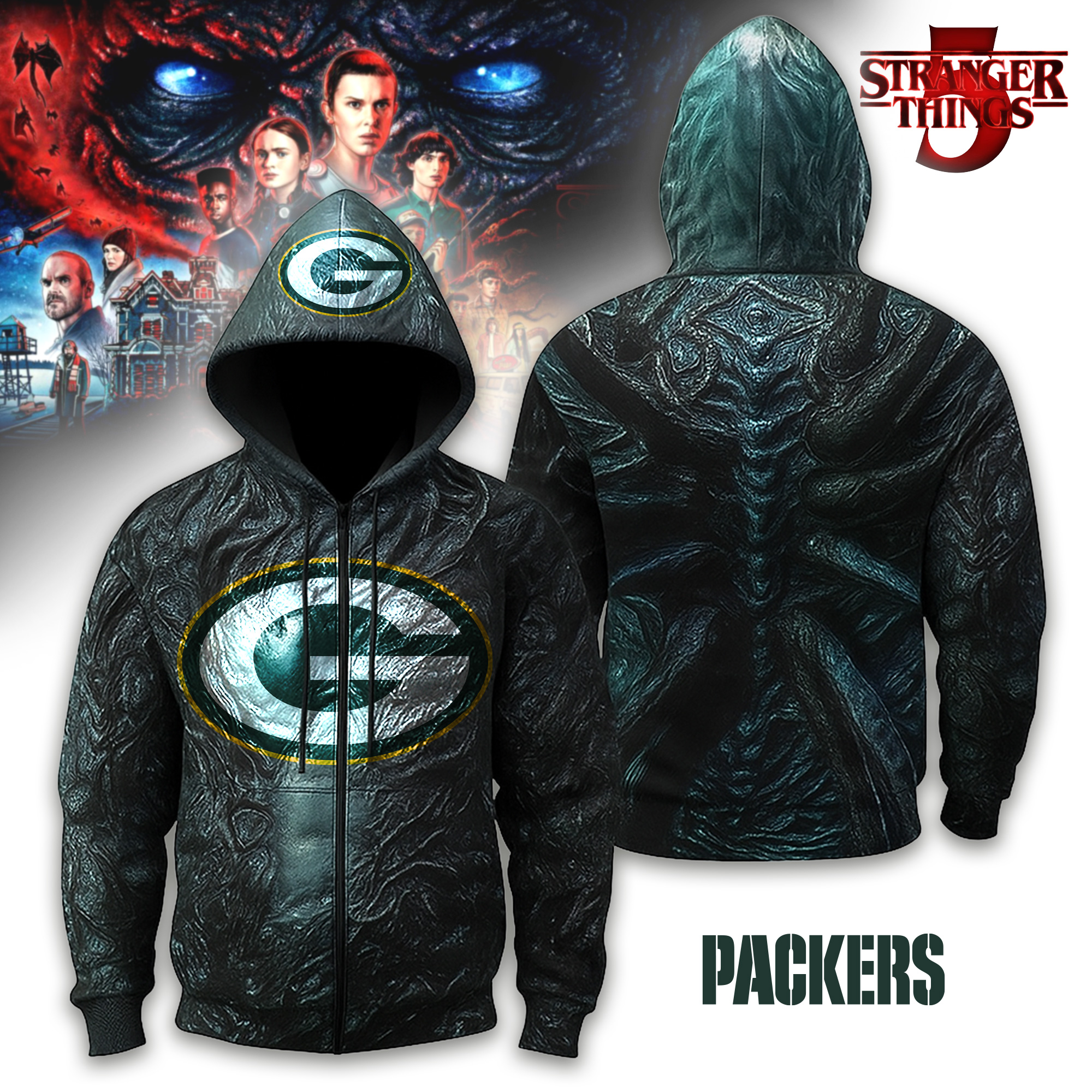 Green Bay Packers | Premium NFL Stranger Things Zip Hoodie