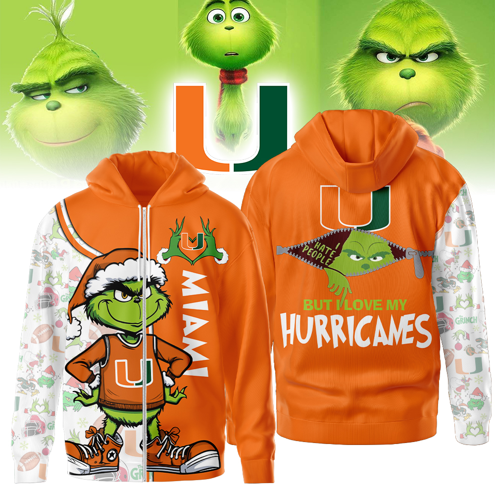 Miami Hurricanes | Premium NCAA Funny Grinch Football All Over Print Zip Hoodie