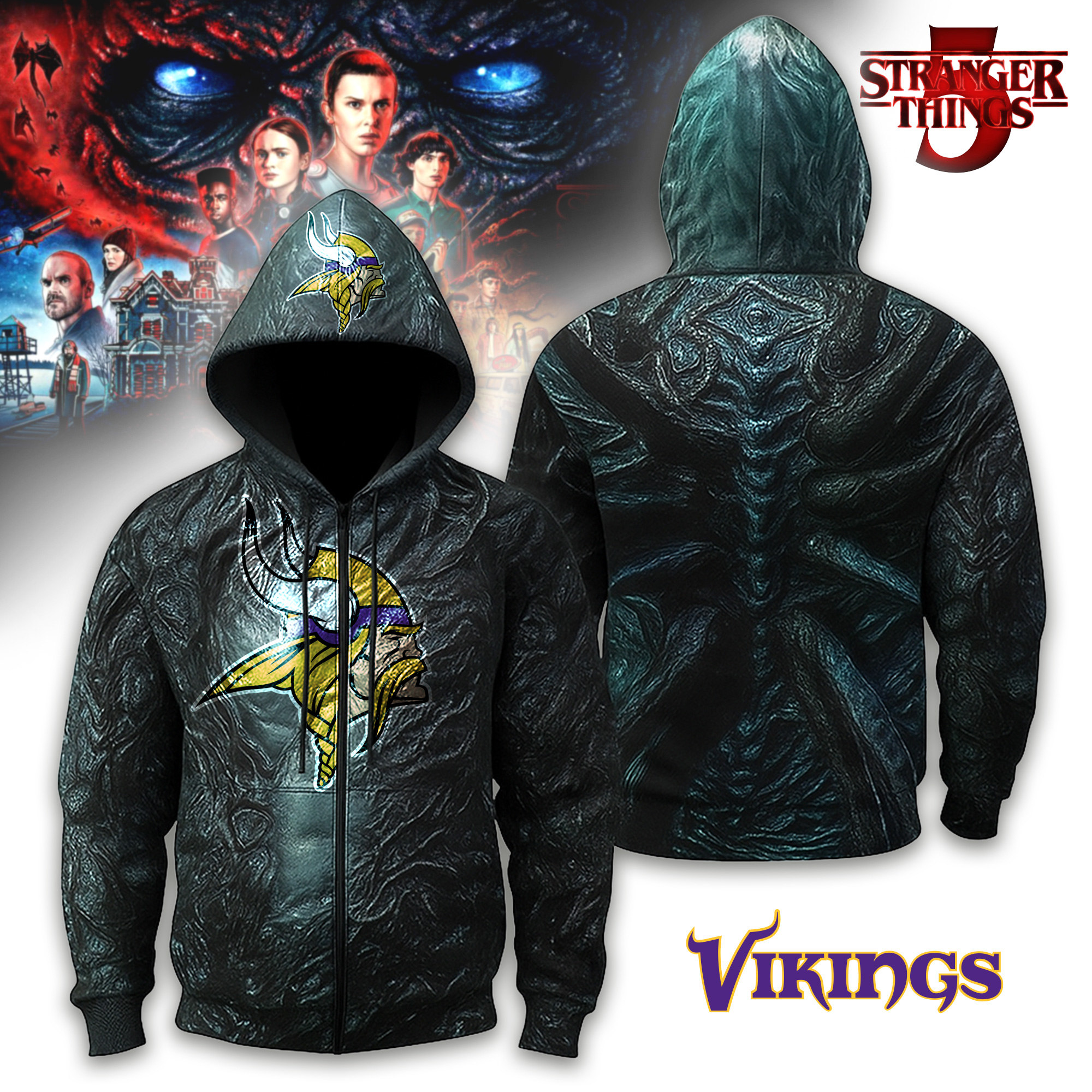 Minnesota Vikings | Premium NFL Stranger Things Zip Hoodie