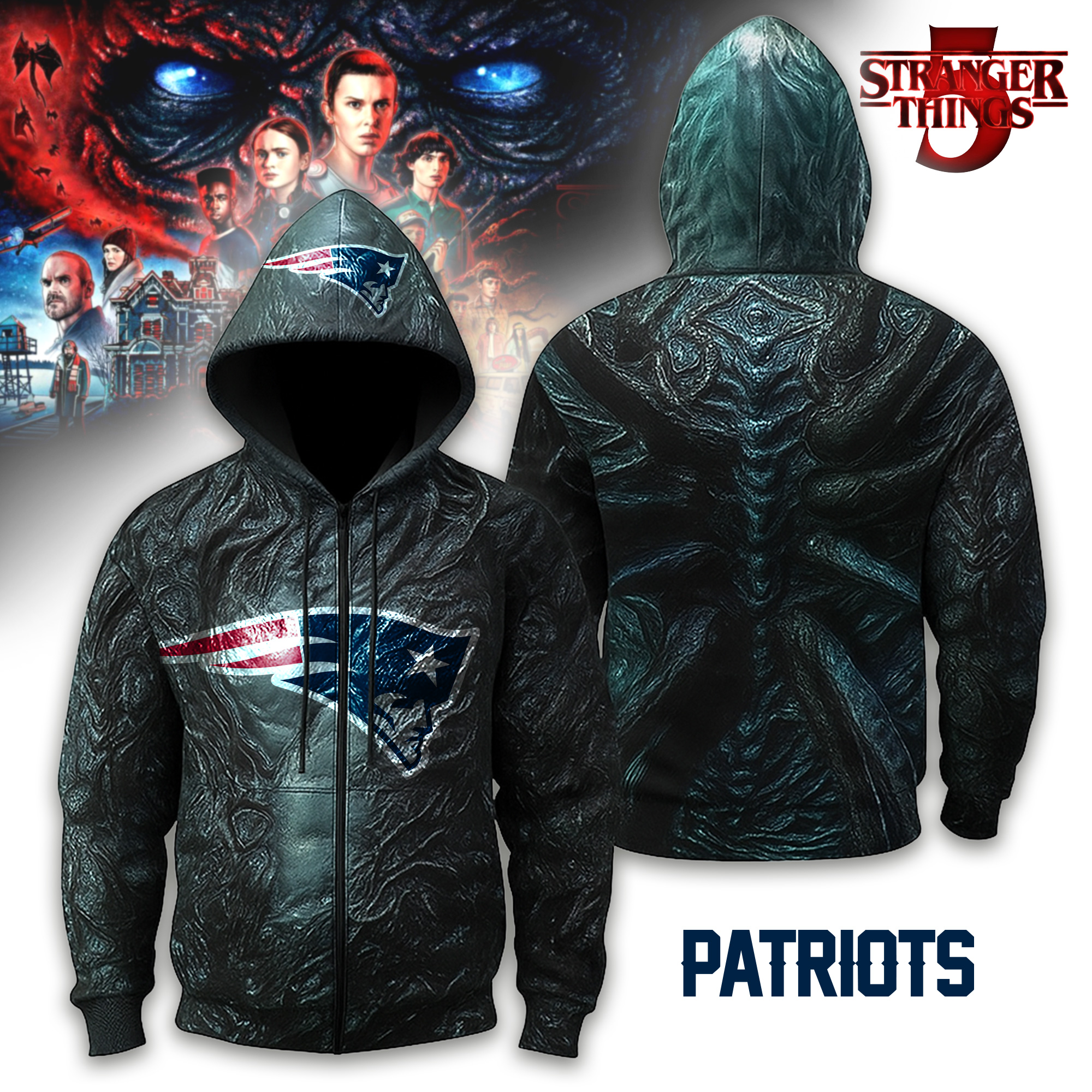 New England Patriots | Premium NFL Stranger Things Zip Hoodie