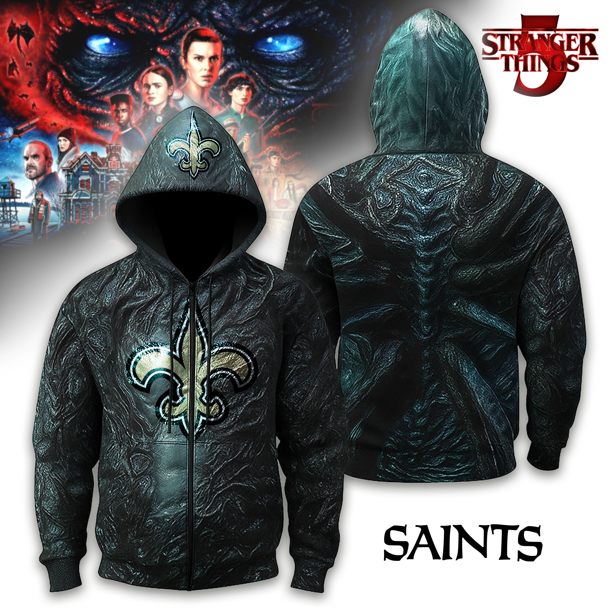 New Orleans Saints | Premium NFL Stranger Things Zip Hoodie