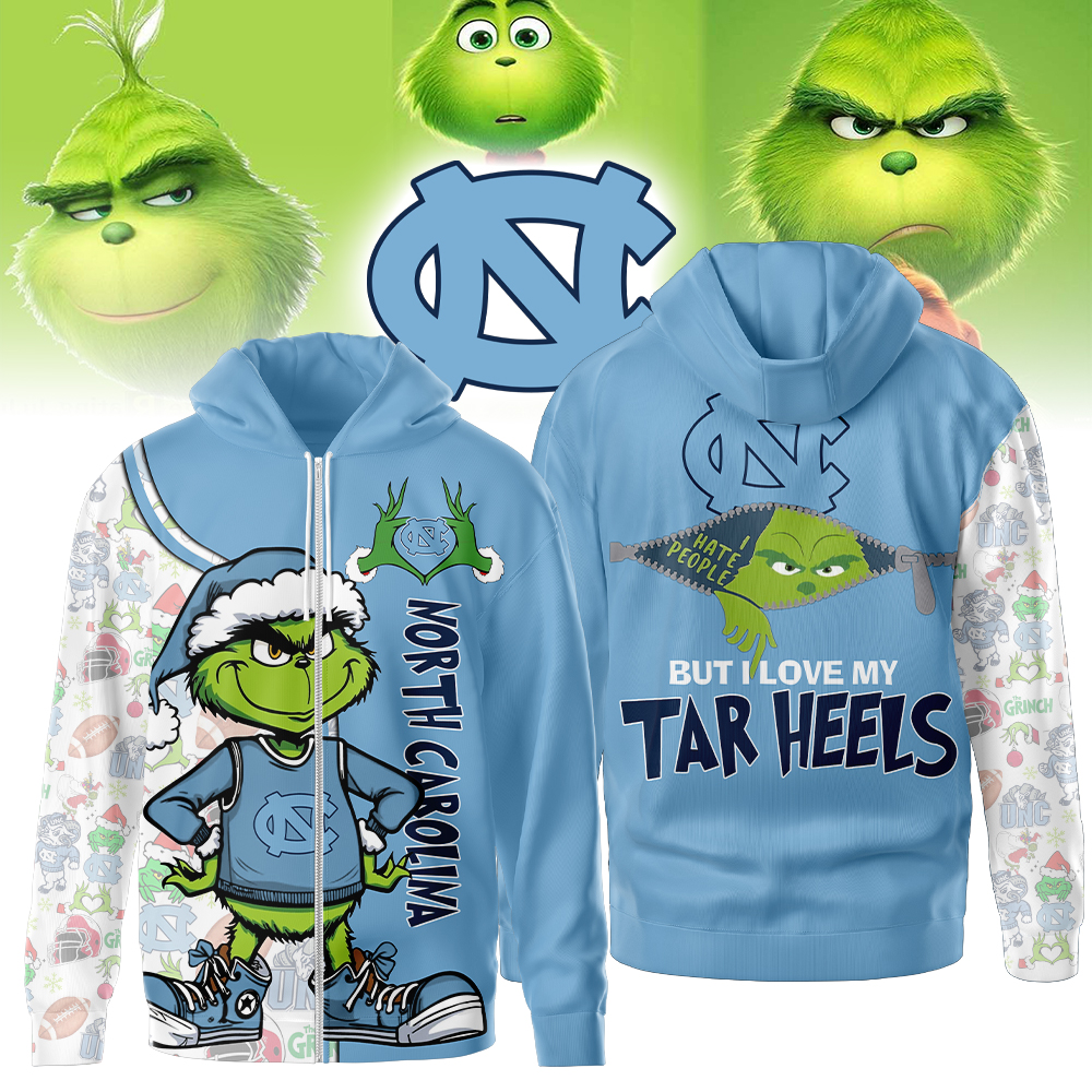 North Carolina Tar Heels |  Premium NCAA Funny Grinch Football All Over Print Zip Hoodie