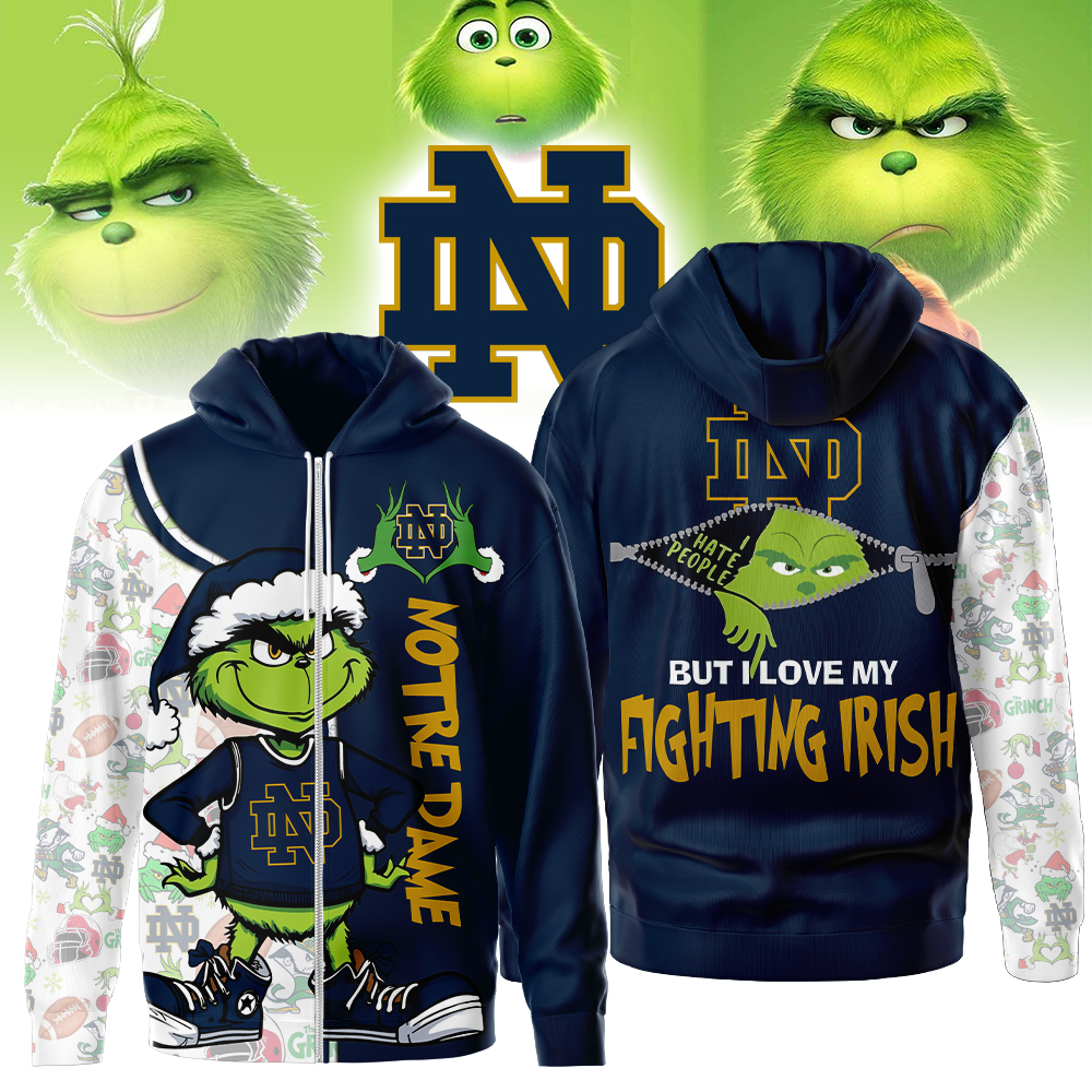 Notre Dame Fighting Irish |  Premium NCAA Funny Grinch Football All Over Print Zip Hoodie