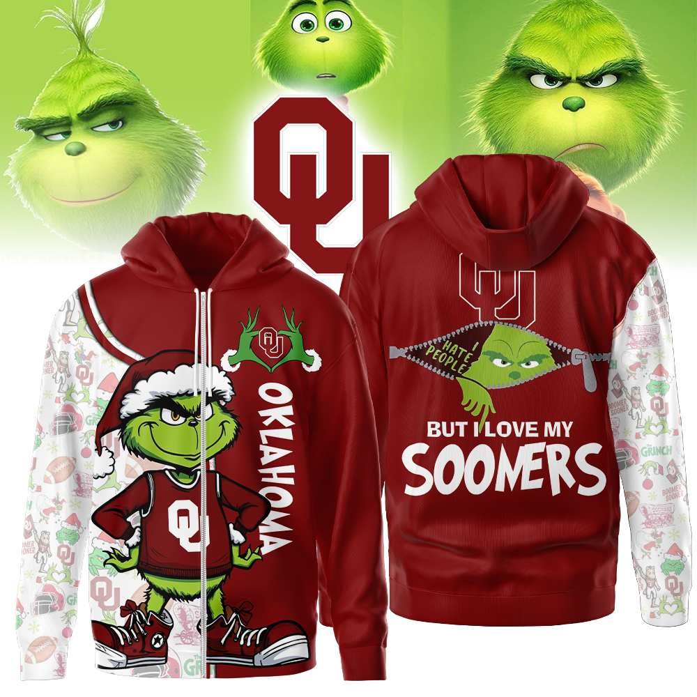 Oklahoma Sooners |  Premium NCAA Funny Grinch Football All Over Print Zip Hoodie