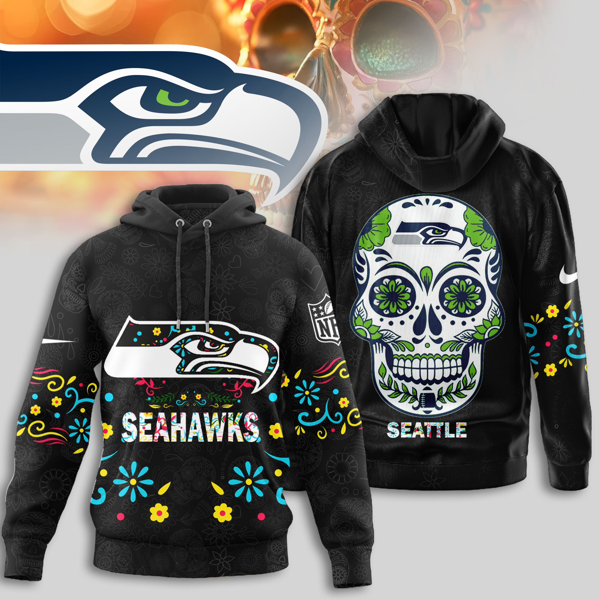 Seattle Seahawks | Premium NFL Dia de los Muertos Limited Editions Hoodie