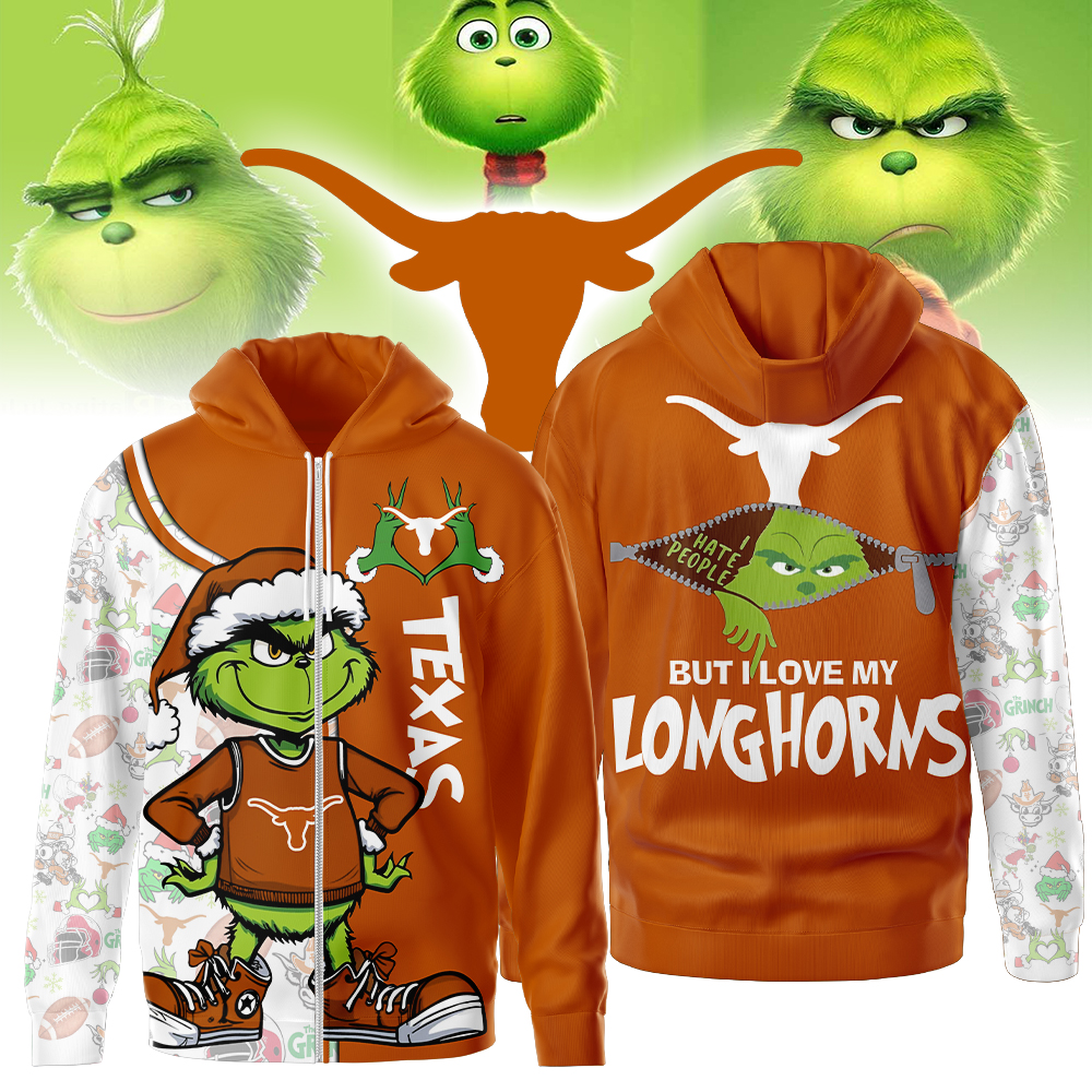 Texas Longhorns | Premium NCAA Funny Grinch Football All Over Print Zip Hoodie
